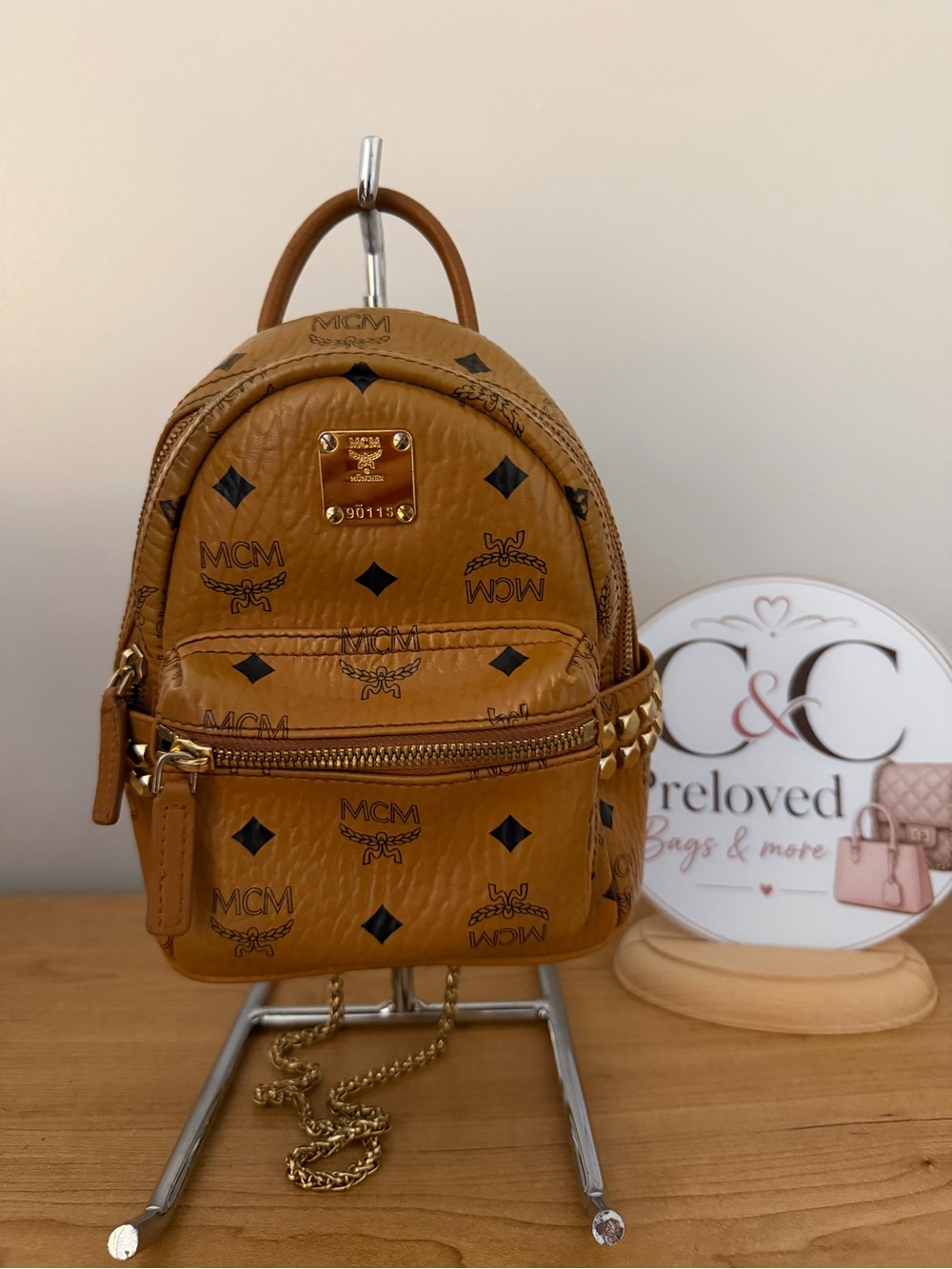 MCM Cognac Logo Mini Backpack/Sling with Gold Stud Accents
